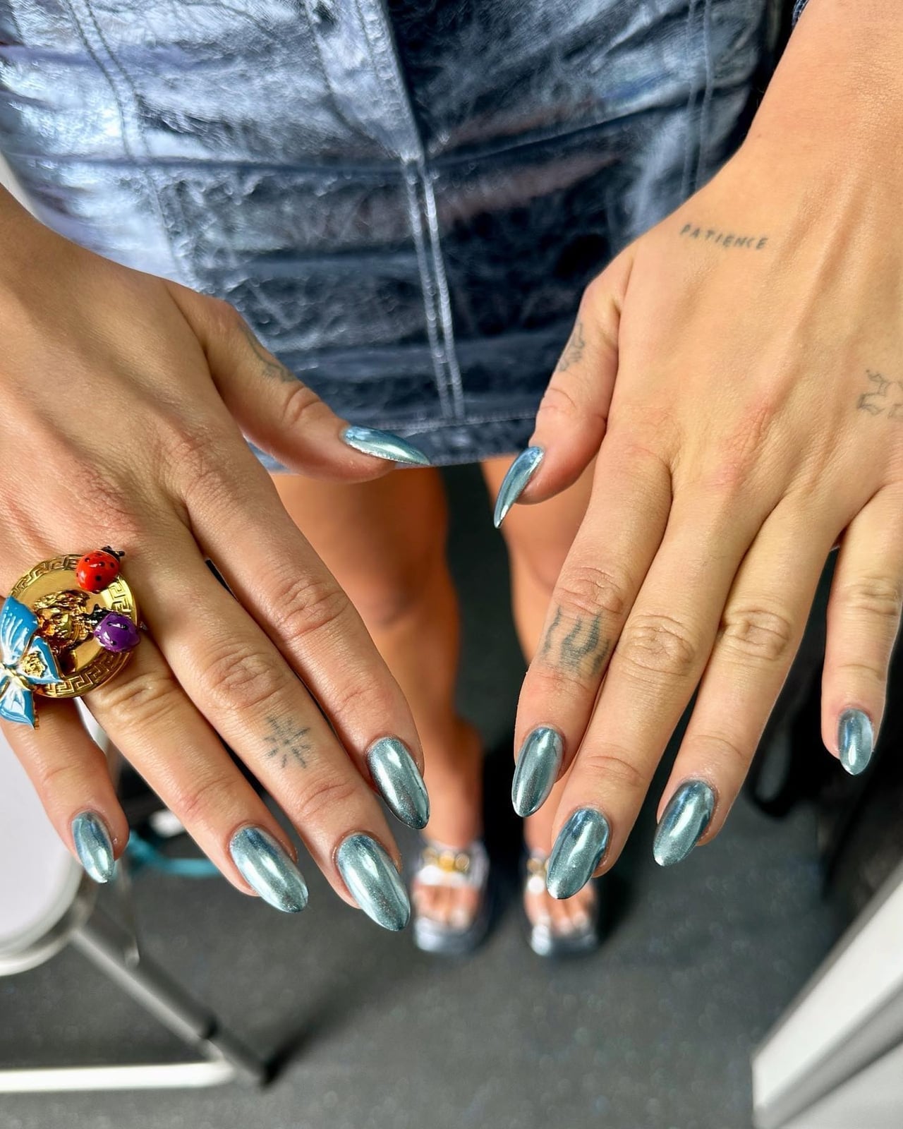Light Blue Chrome Medium Oval Nails — Metallic Nails