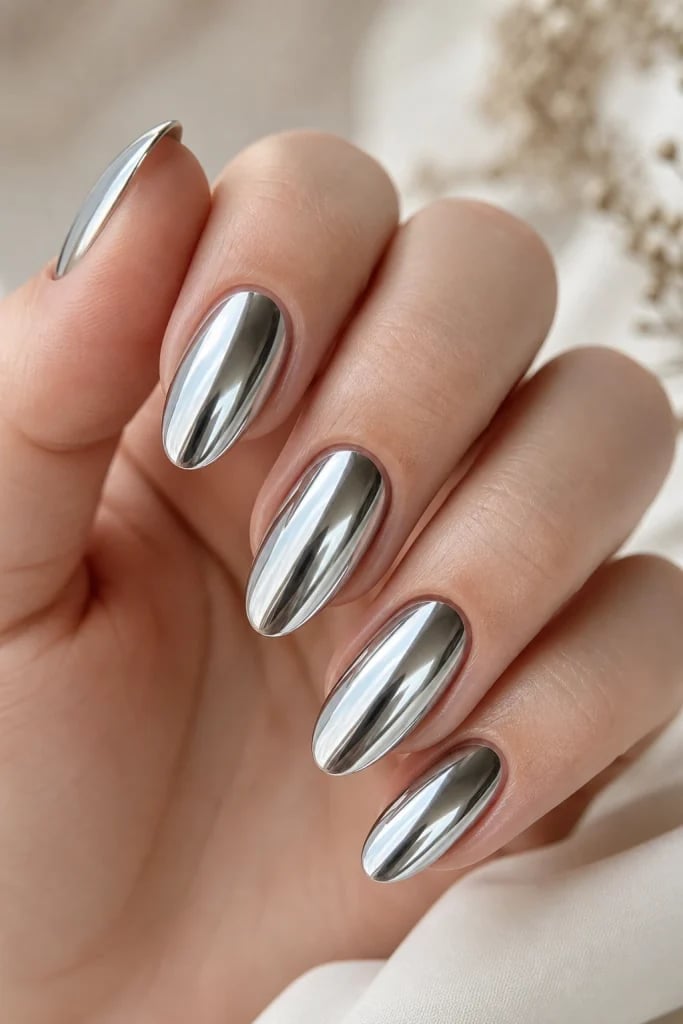 Bright Silver Chrome Short Oval Nails — Metallic Nails