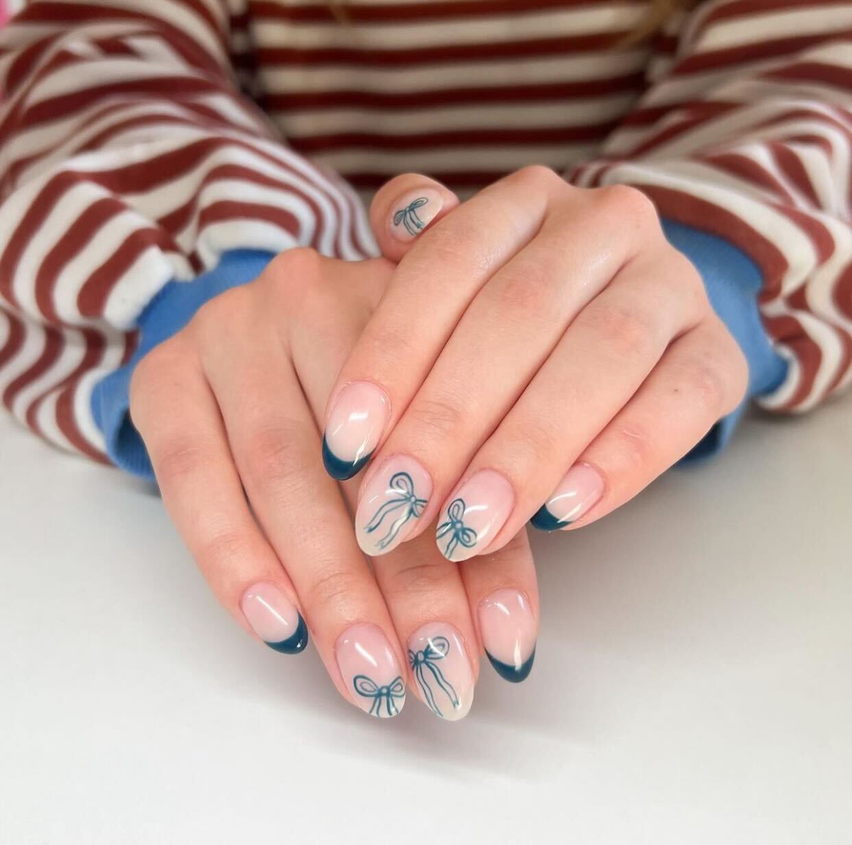 Teal Bow French Short Oval Nails — Minimalist Nails
