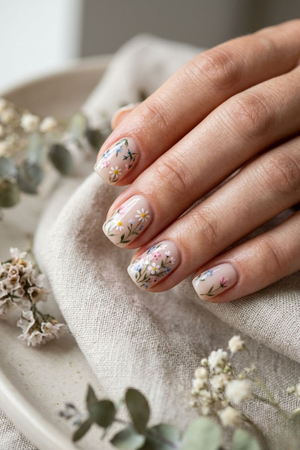 Dainty Floral Motifs Short Natural Nails — Minimalist Nails