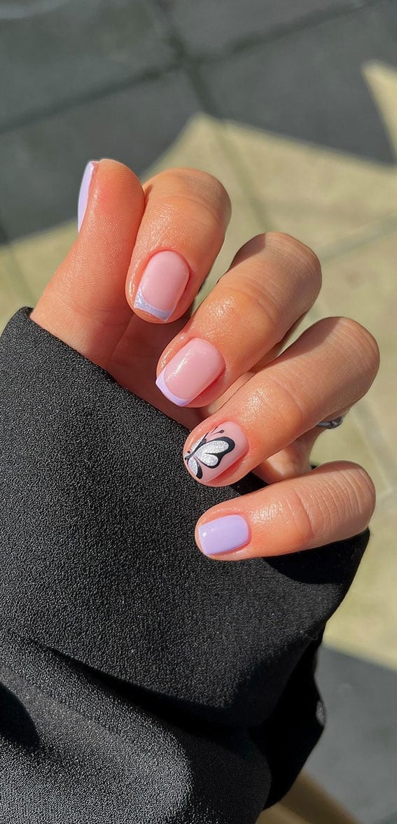 Butterfly Art Short Square Nails, Glossy — Minimalist Nails