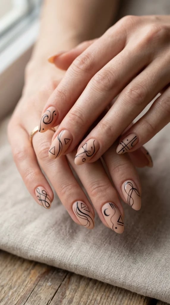 Geometric Line Art Medium Almond Nails — Minimalist Nails