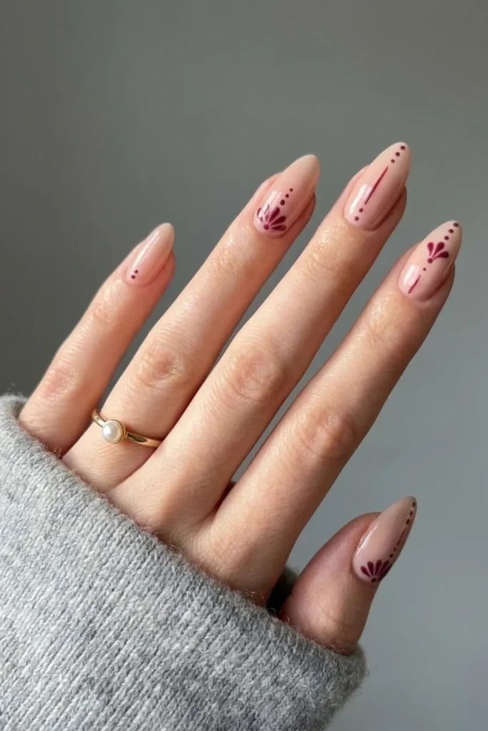 Burgundy Accents Short Almond Nails — Minimalist Nails