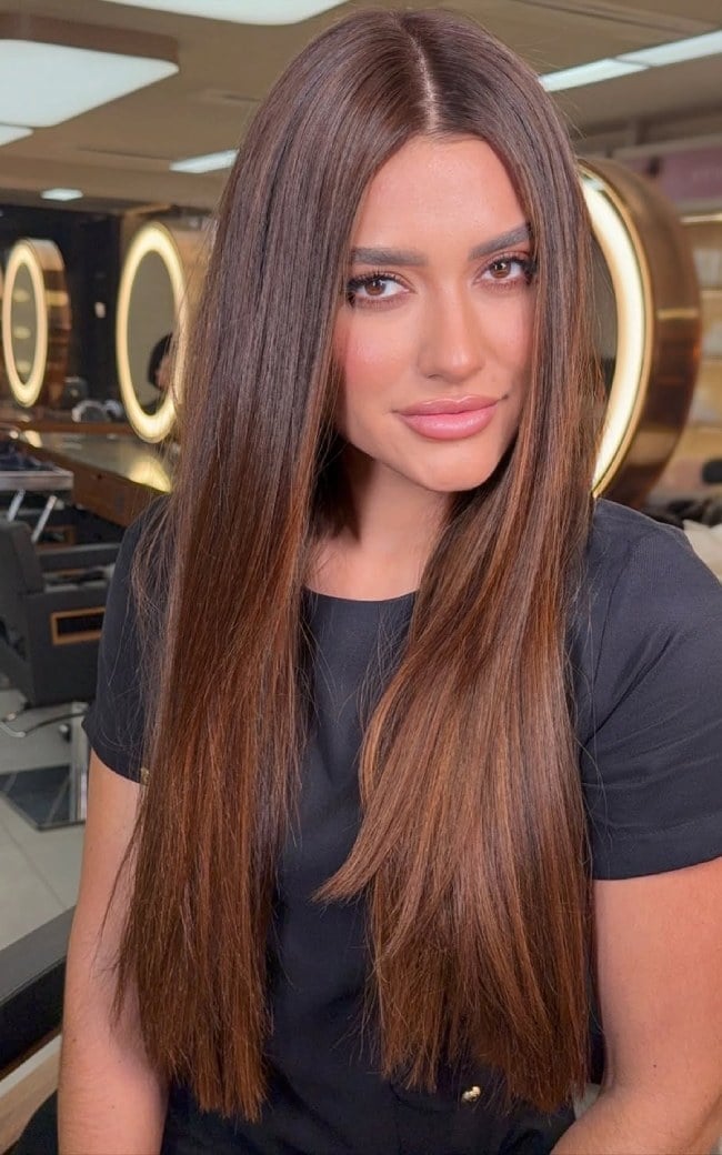 Mid-Back Mocha Brown With Caramel Highlights, Glossy Texture — Mocha Brown Hair