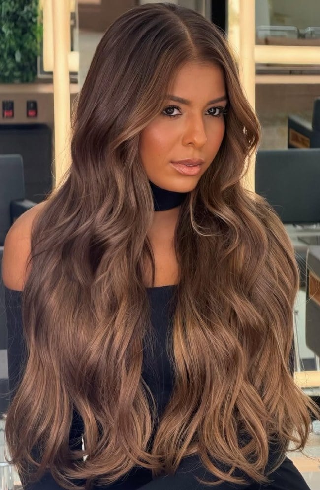 Mid-Back Caramel Mocha Brown Balayage, Wavy — Mocha Brown Hair
