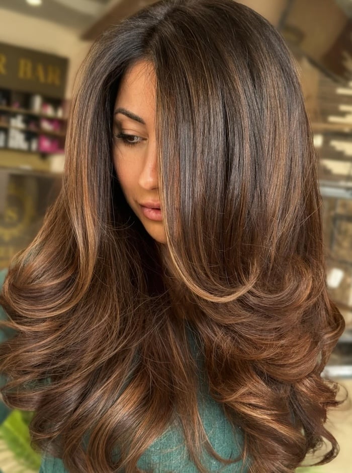 Long Mocha Brown With Blended Highlights — Mocha Brown Hair