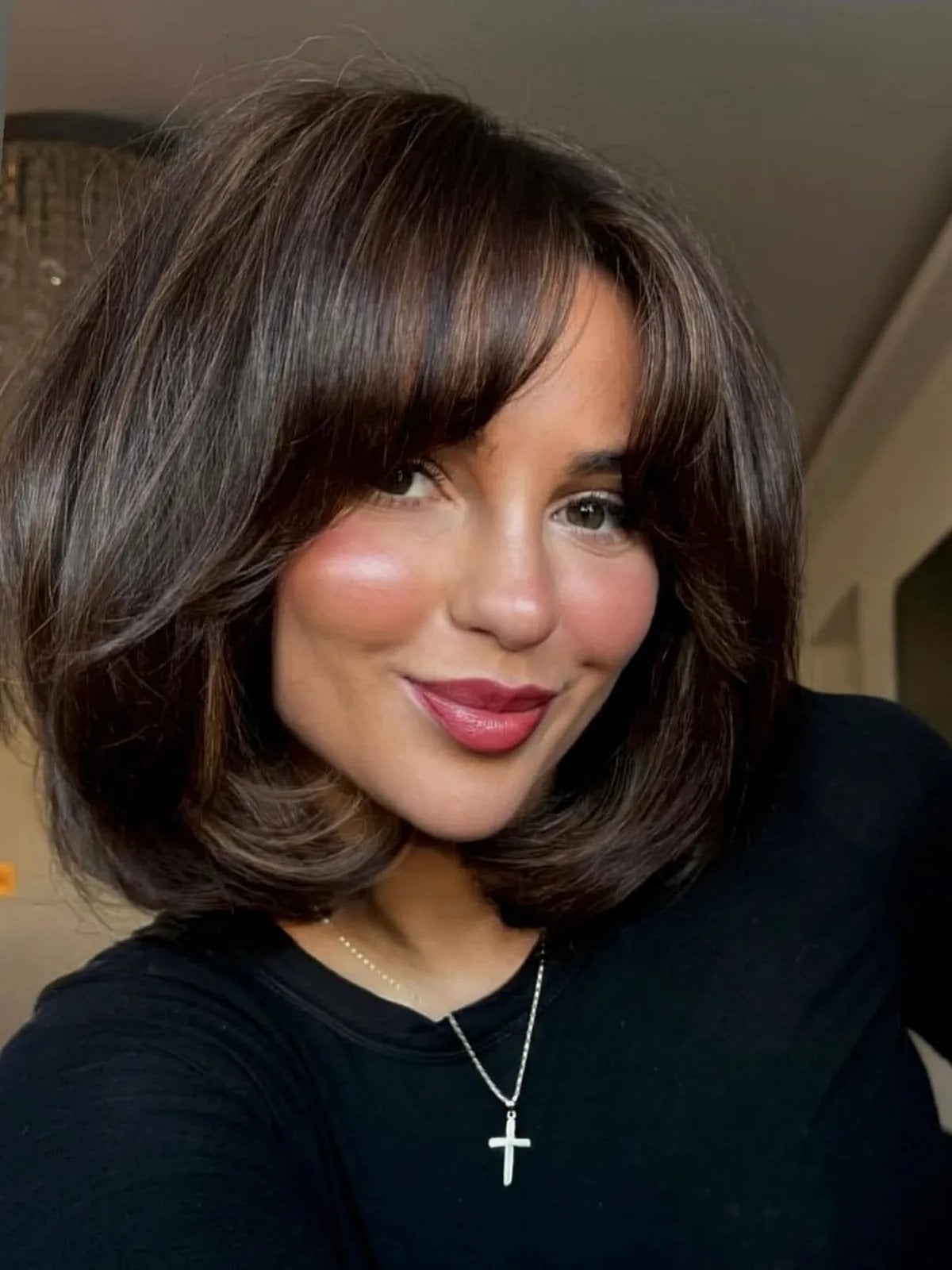 Chin Length Bob With Full Bangs — Mocha Brown Hair