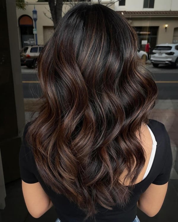 Mid-Back Deep Mocha Brown With Balayage, Layers — Mocha Brown Hair