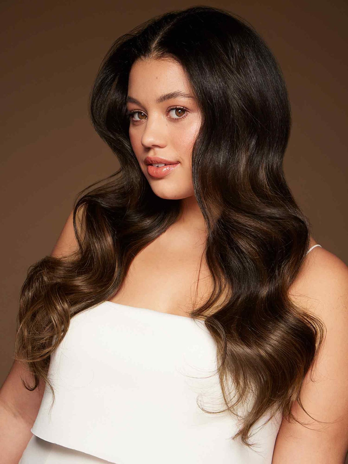 Mid-Back Mocha Brown With Curtain Bangs, Blowout With Waves — Mocha Brown Hair