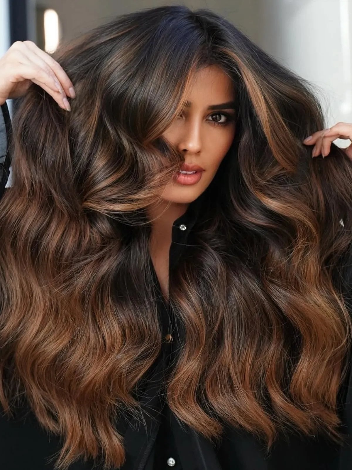 Long Mocha Brown Balayage With Voluminous Blowout — Mocha Brown Hair