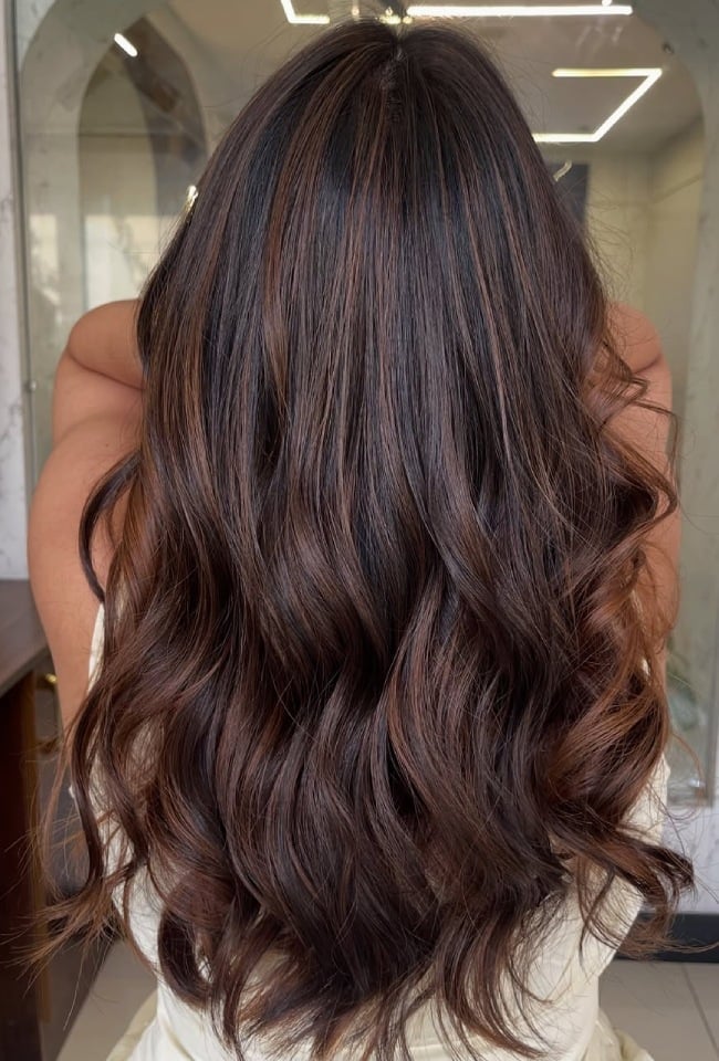 Mid-Back Chocolate Mocha With Cinnamon Highlights — Mocha Brown Hair