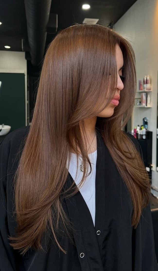 Mid-Back Straight Rich Mocha Brown With Face-Framing — Mocha Brown Hair