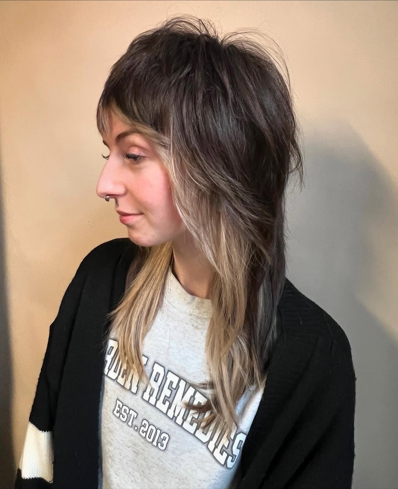 Shoulder Length Dark Brown Mullet With Blonde Highlights Shoulder Length Dark Brown Mullet With Blonde Highlights — Mullet Hairstyles