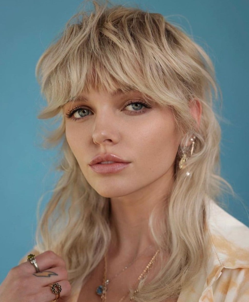 Ash Blonde Shag Mullet With Curtain Bangs, Collarbone Ash Blonde Shag Mullet With Curtain Bangs, Collarbone — Mullet Hairstyles