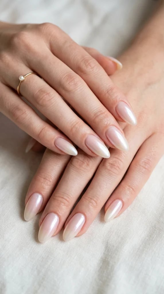 Pearlescent Pink Chrome Long Almond Nails — One Color Nails