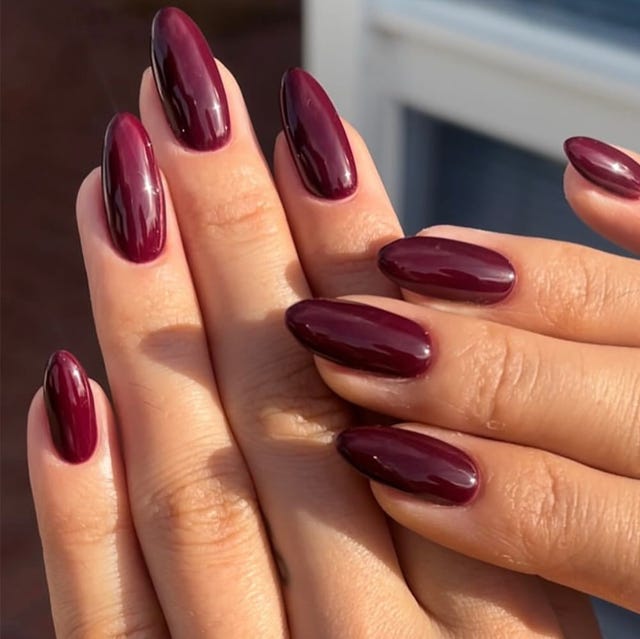Deep Burgundy Glossy Medium Almond Nails Both Hands, Showing A Rich — One Color Nails