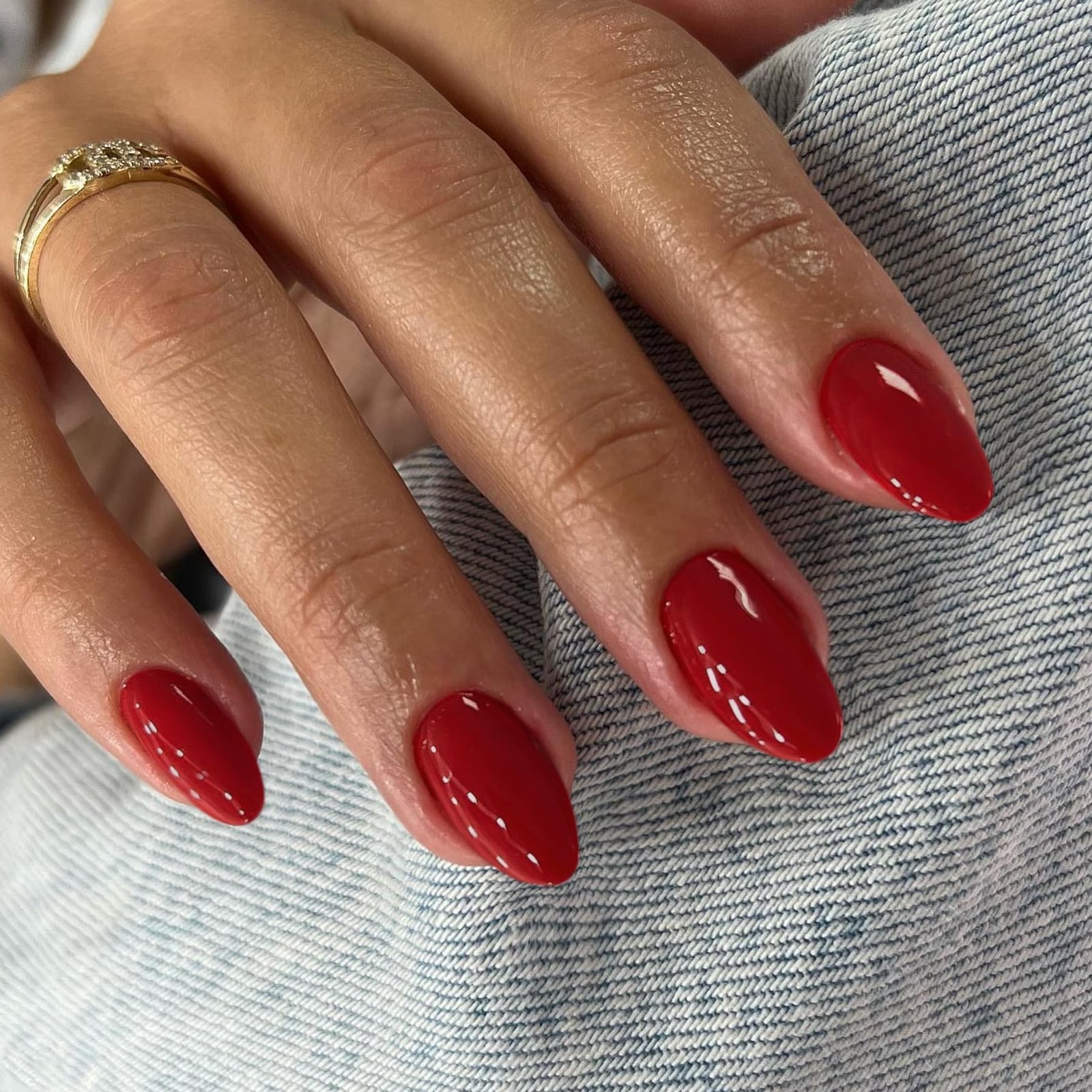 Bold Red Glossy Short Oval Nails — One Color Nails