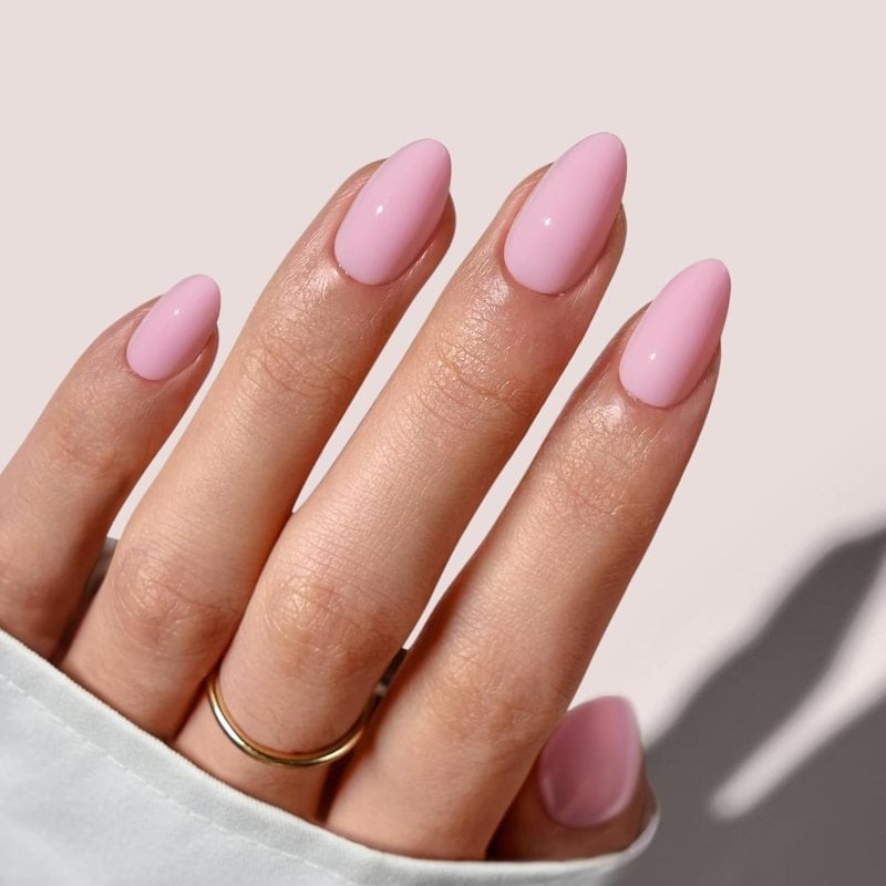 Opaque Light Pink Glossy Short Almond Nails — One Color Nails
