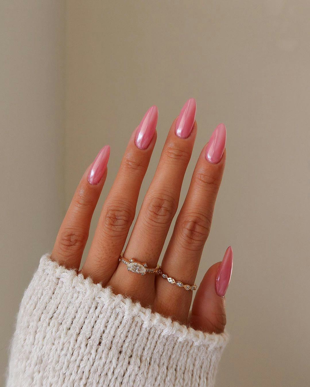 Vibrant Shimmering Pink Long Almond Nails — One Color Nails