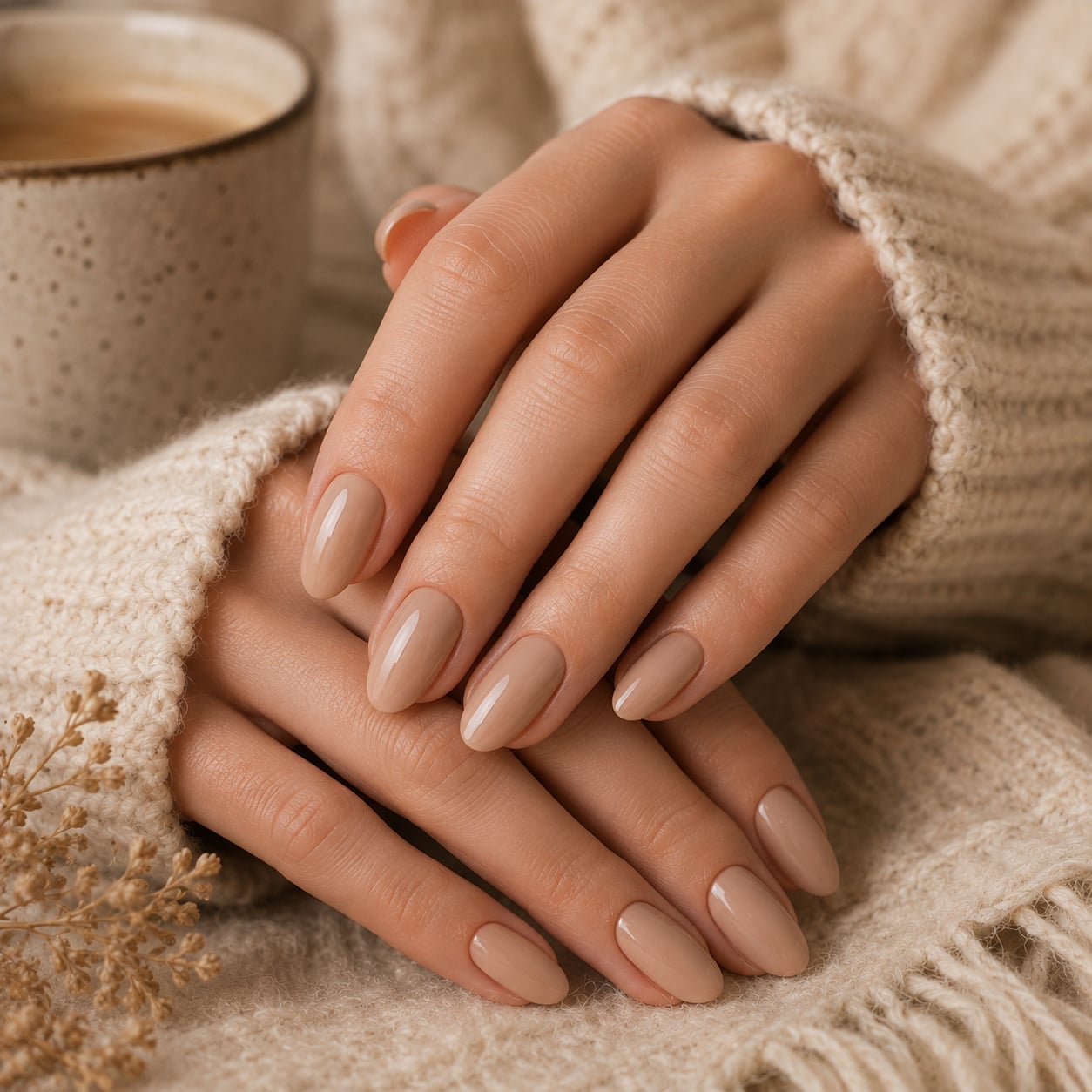 Neutral Beige Nude Glossy Short Oval Nails — One Color Nails