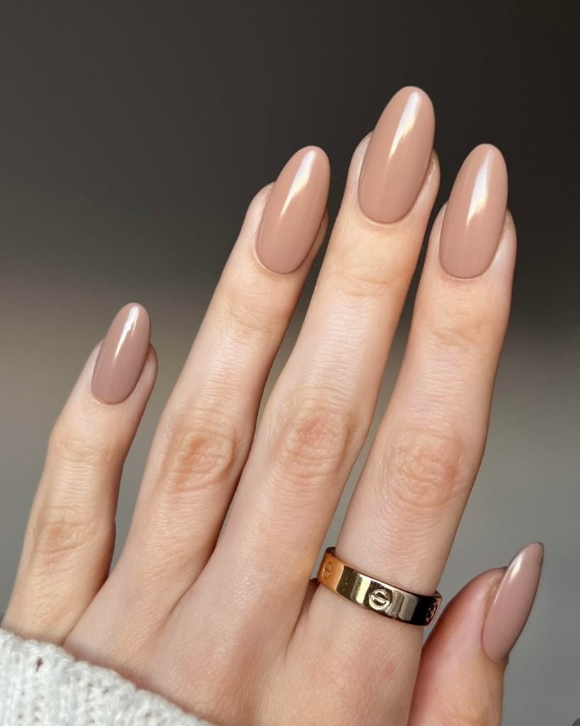 Opaque Nude Beige Glossy Medium Almond Nails — One Color Nails
