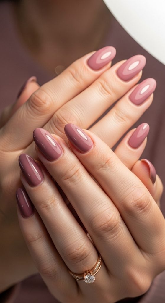 Mauve Pink Glossy Short Oval Nails Both Hands, Full Color Coverage — One Color Nails
