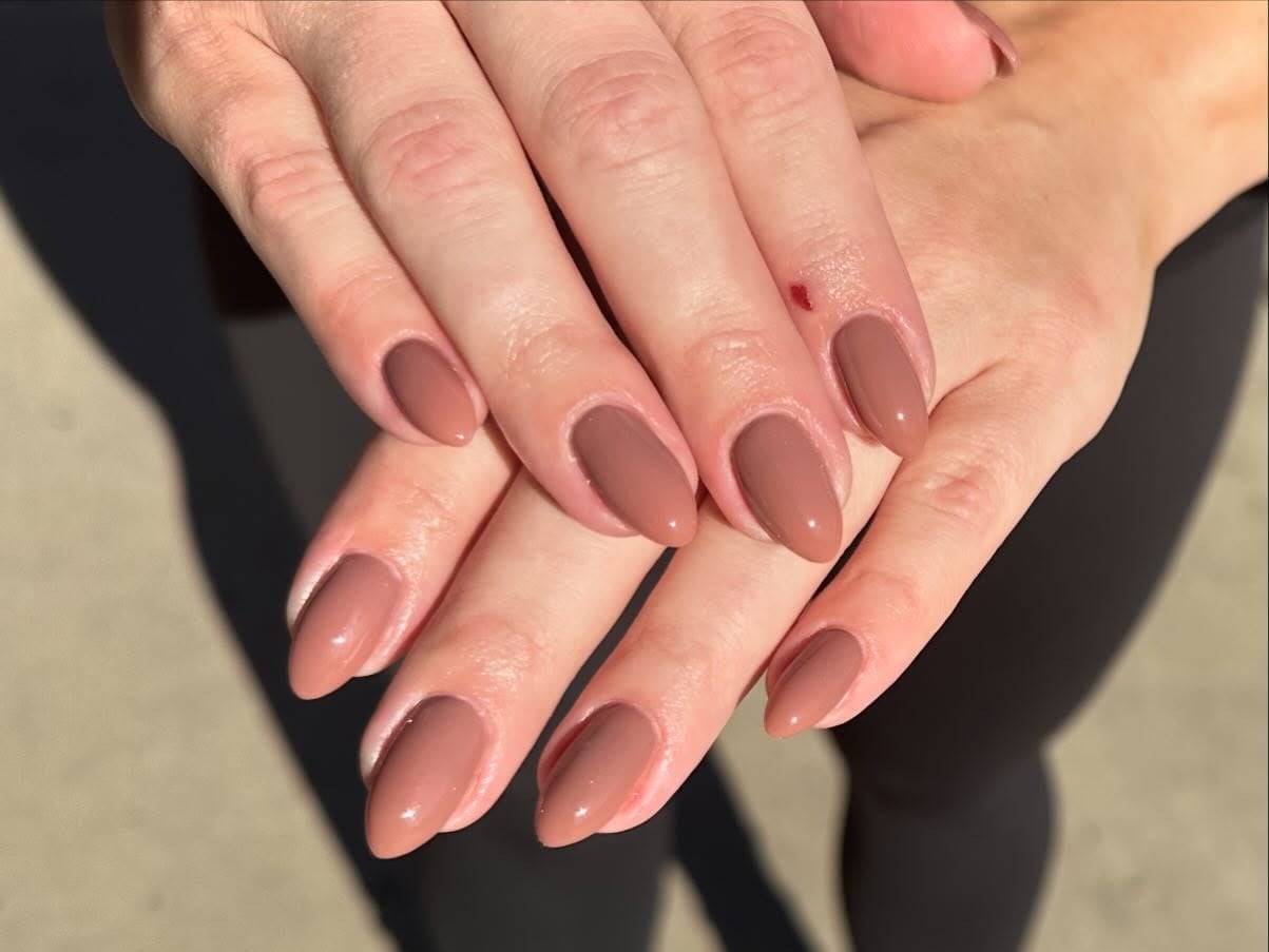 Dusty Rose-Brown Glossy Medium Almond Nails — One Color Nails