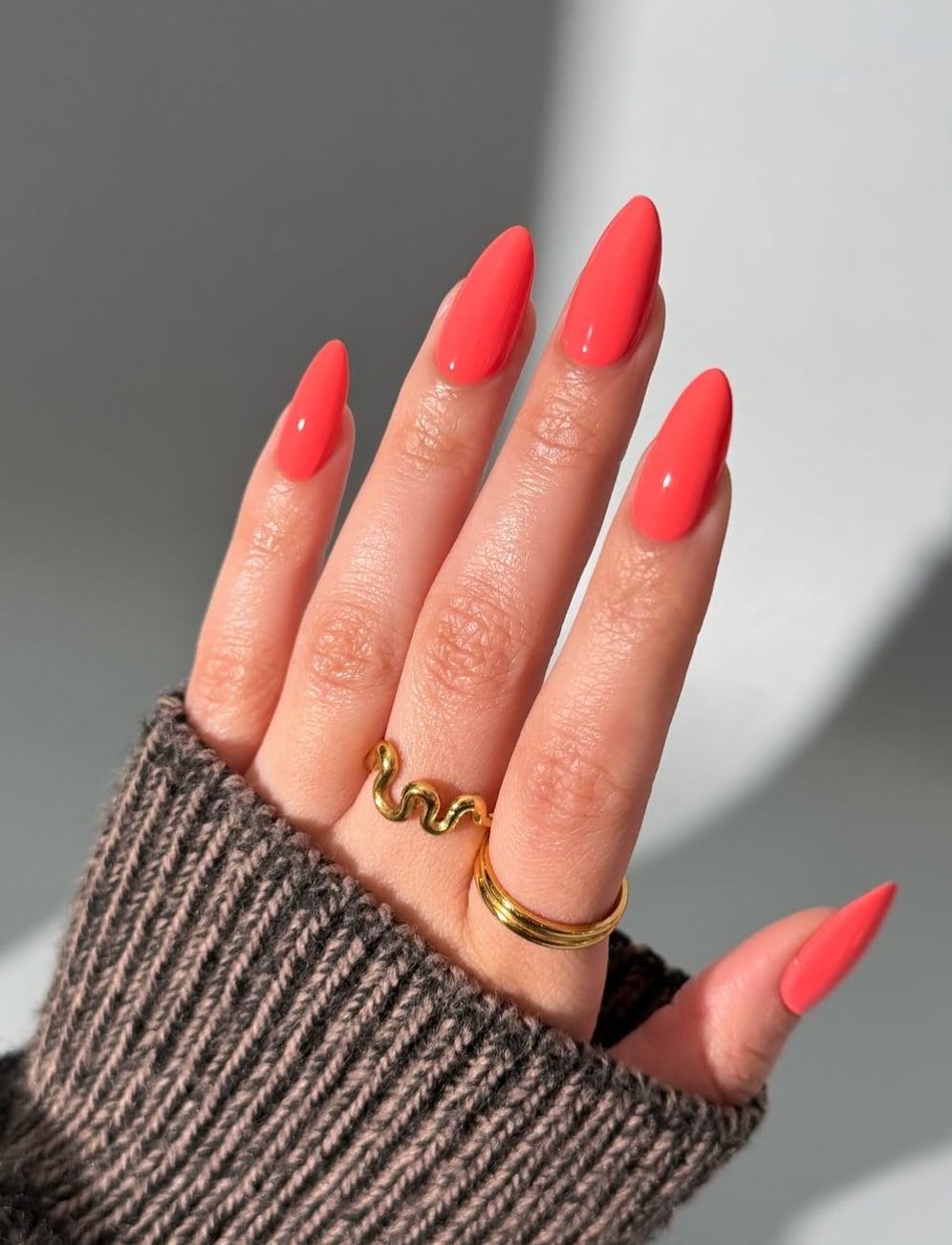 Vibrant Coral Glossy Long Almond Nails — One Color Nails