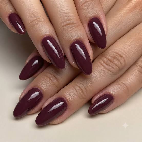 Deep Plum Glossy Medium Almond Nails — One Color Nails