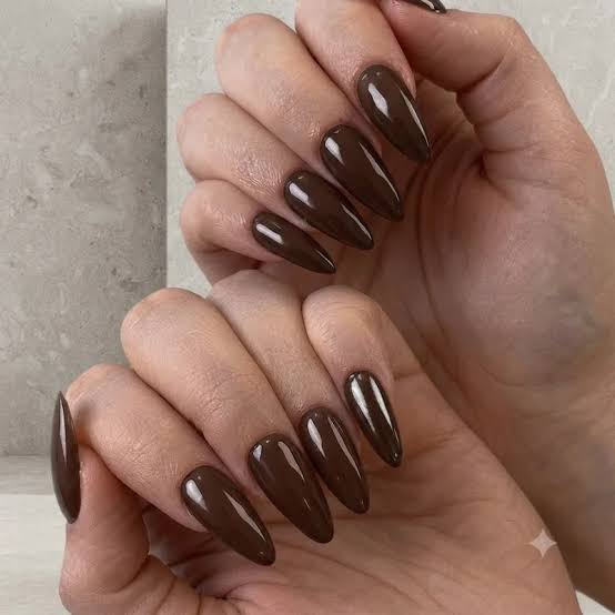 Rich Brown Glossy Medium Almond Nails — One Color Nails