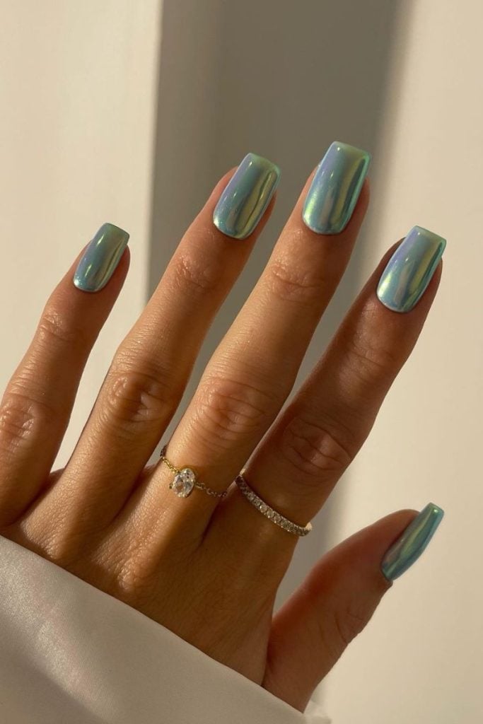 Iridescent Blue-Green Chrome Medium Square Nails — One Color Nails