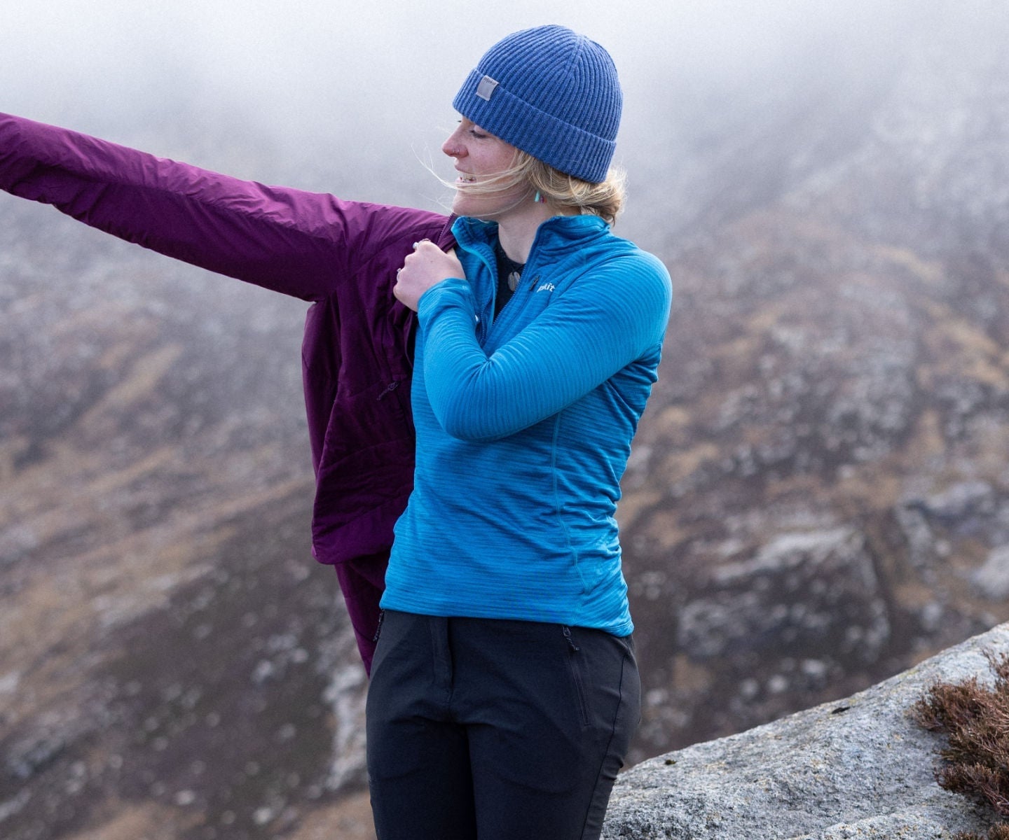Cold Weather Outdoor Outfit With Bright Blue Fleece