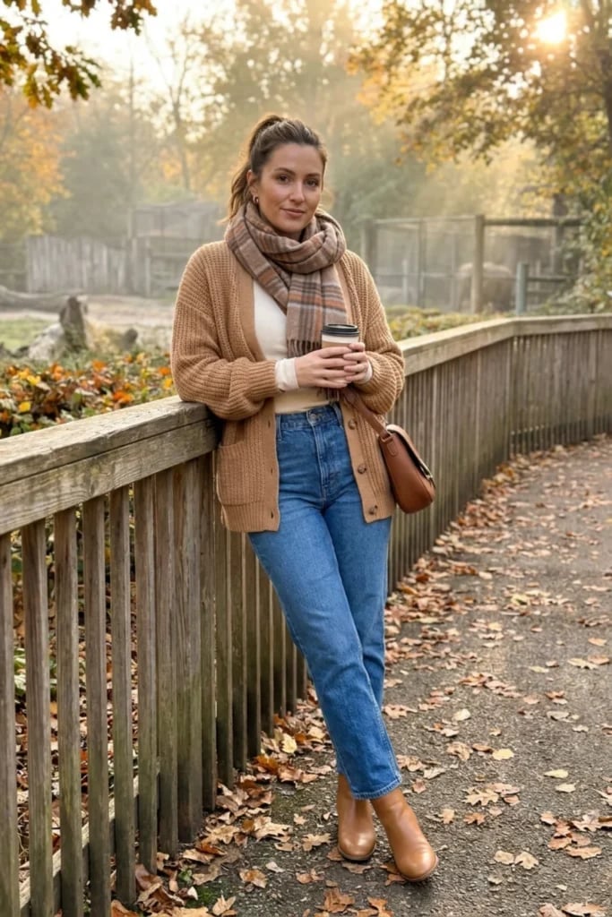 Casual Outdoor Look With Brown Knit Cardigan — Outdoor Outfit