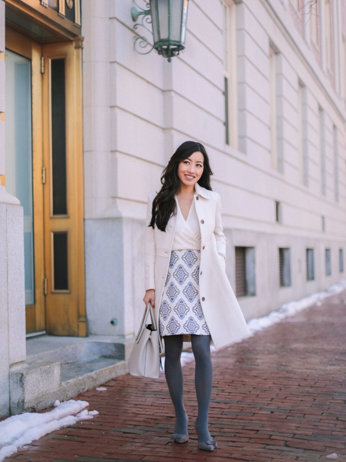 Opaque gray tights with a patterned A-line skirt — Outfits with Tights
