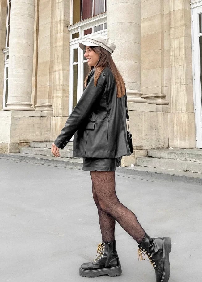 Patterned sheer black tights with leather separates — Outfits with Tights