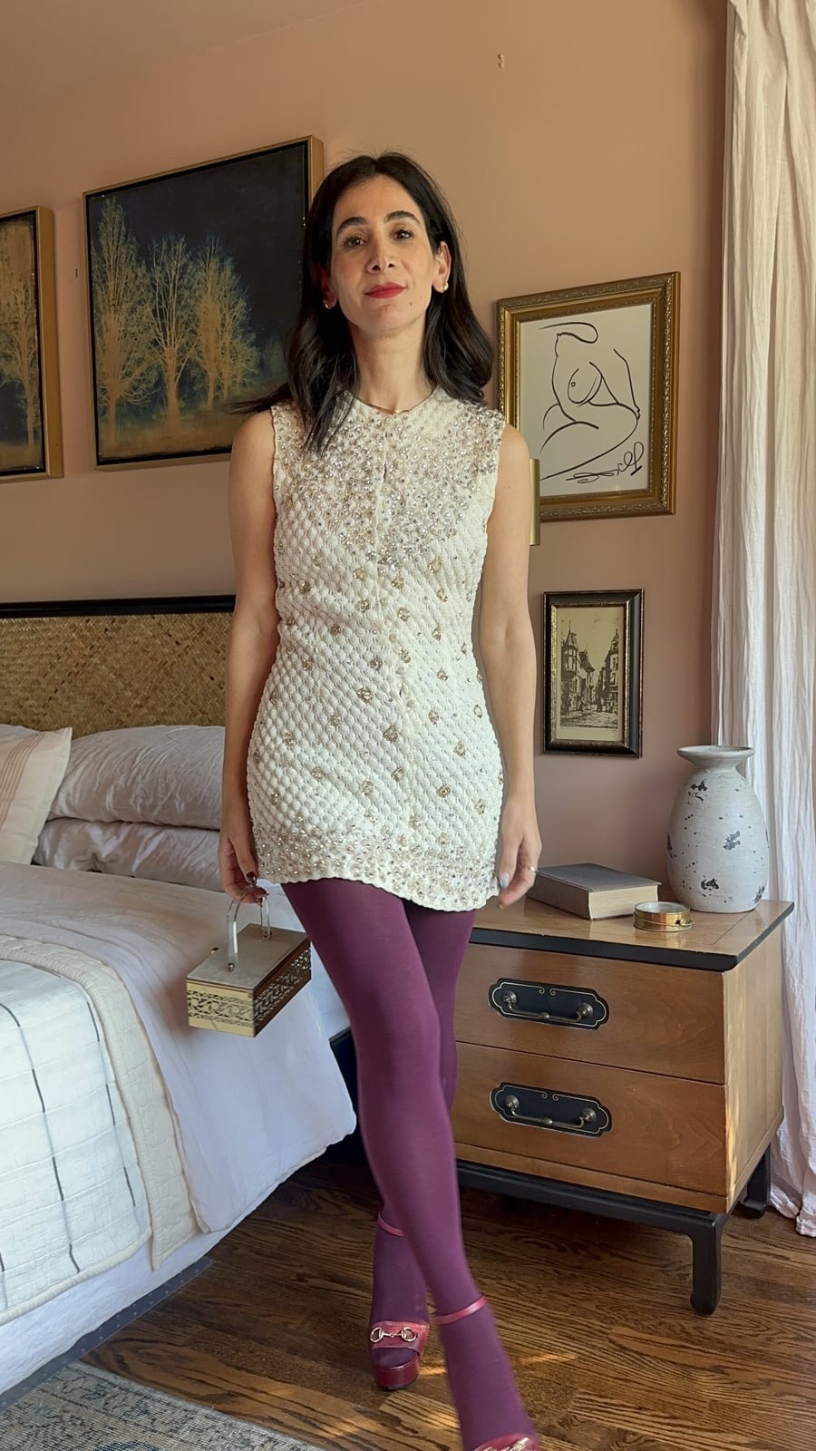 Plum opaque tights with an embellished mini dress — Outfits with Tights