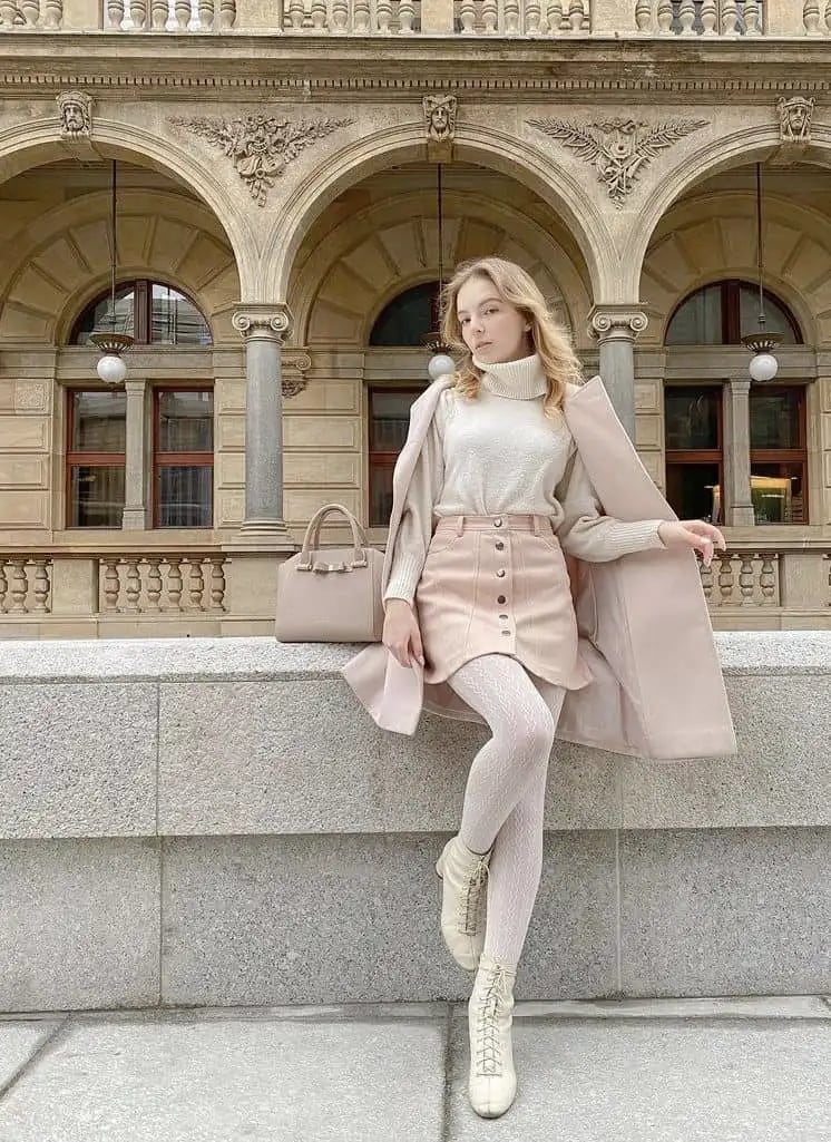 Patterned white tights with a cream skirt and boots — Outfits with Tights