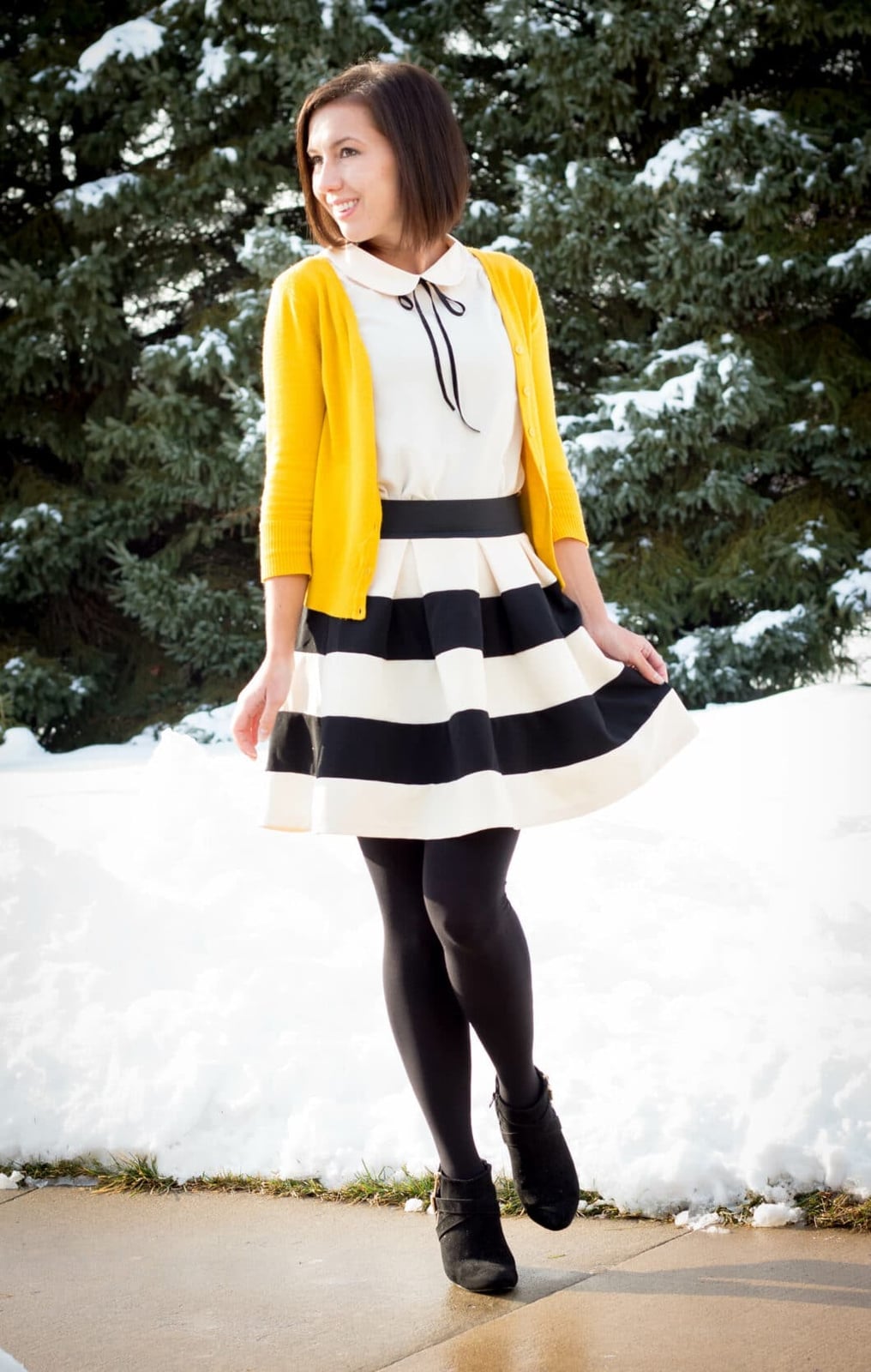 Black opaque tights with a striped A-line skirt — Outfits with Tights