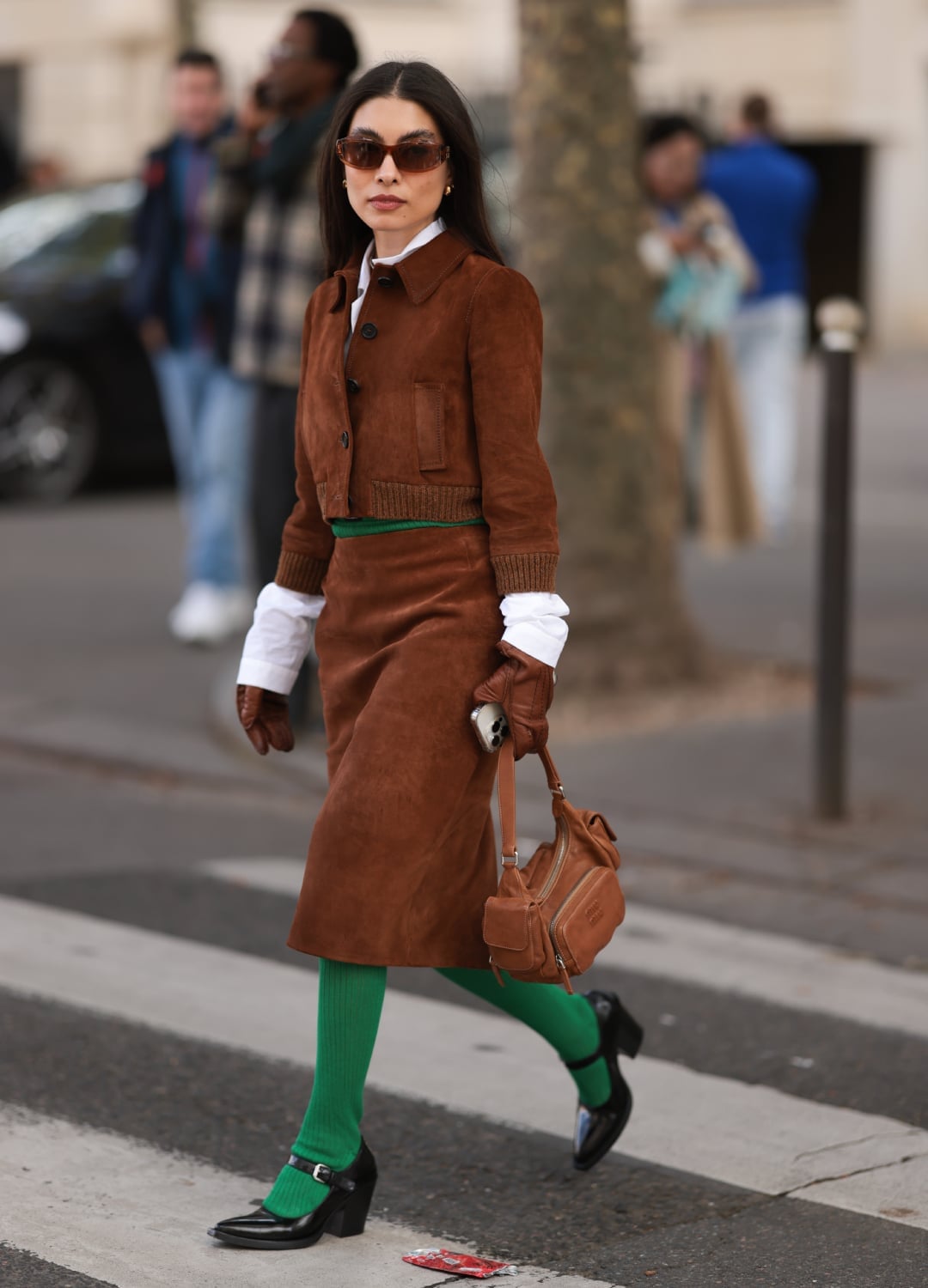 Brown suede skirt suit with bright green socks — Parisian Style