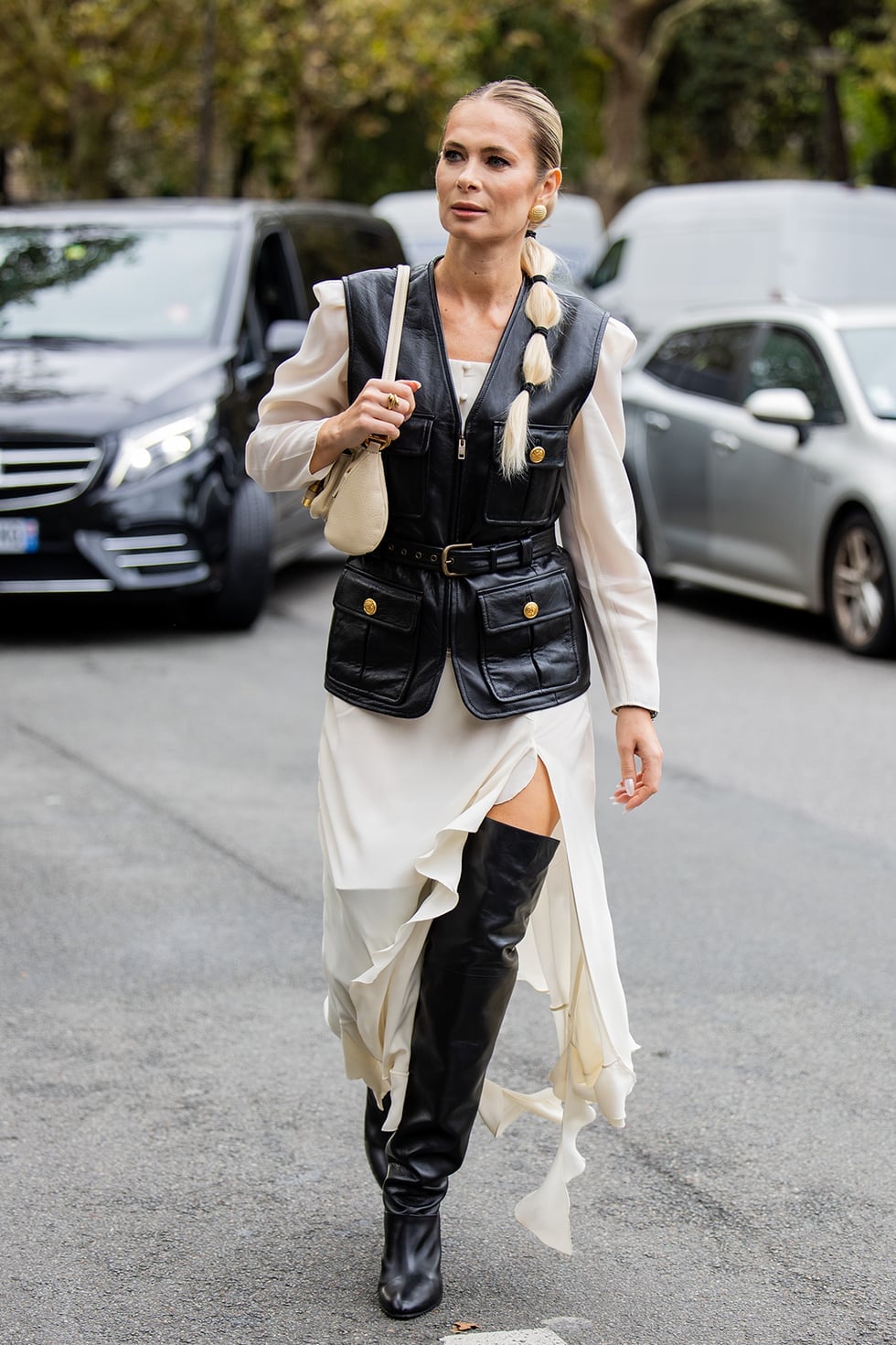 Utility vest over a flowy dress — Parisian Style