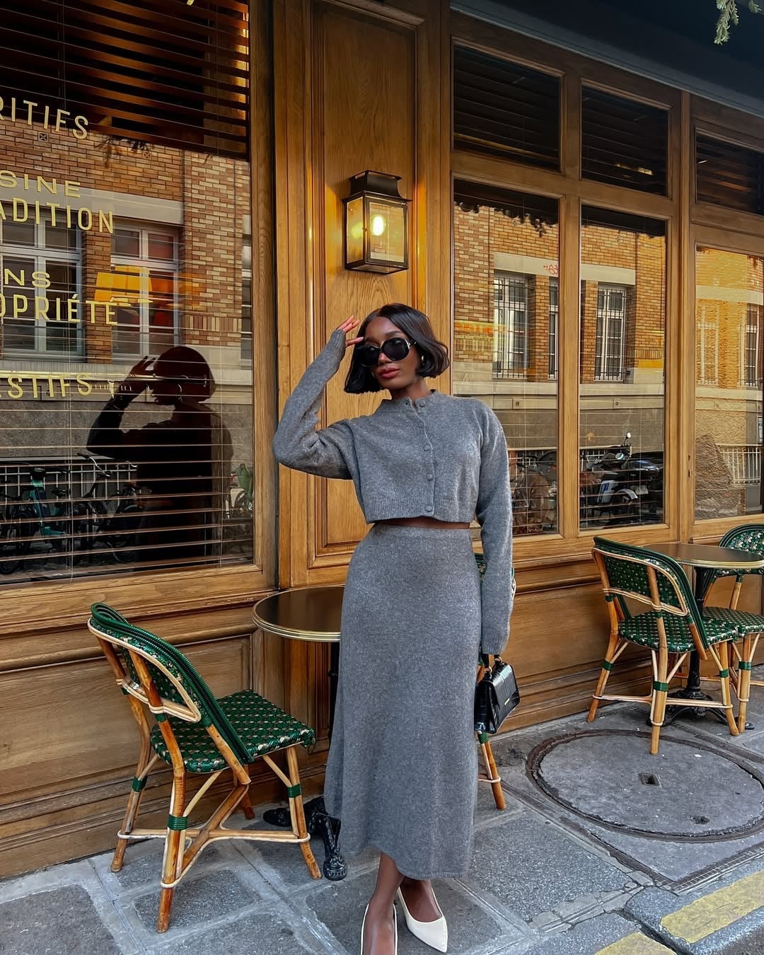 Gray knitted set with cropped cardigan — Parisian Style