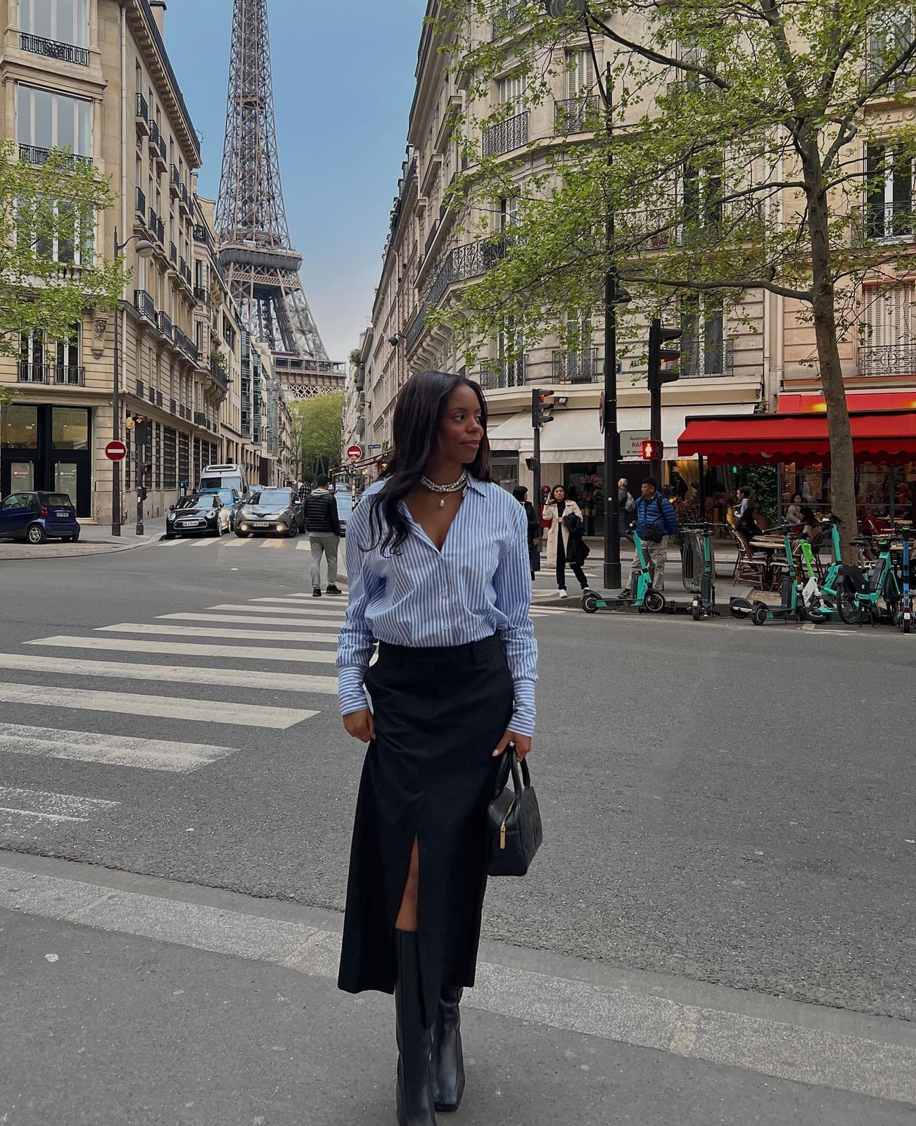 Striped button-down shirt with midi skirt and boots — Parisian Style
