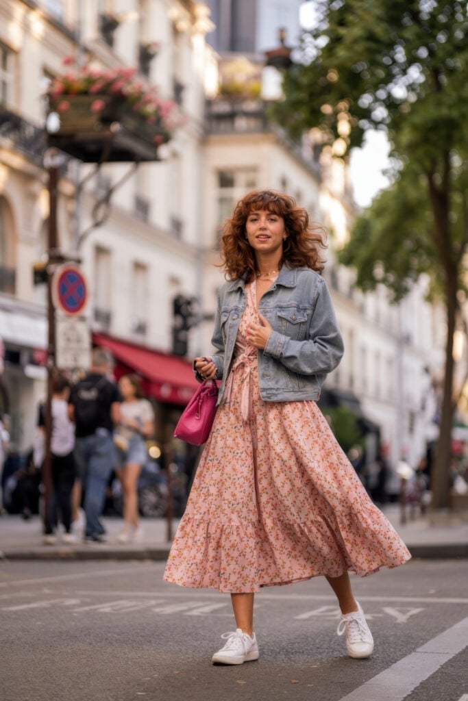 Denim jacket over floral print midi dress — Parisian Style