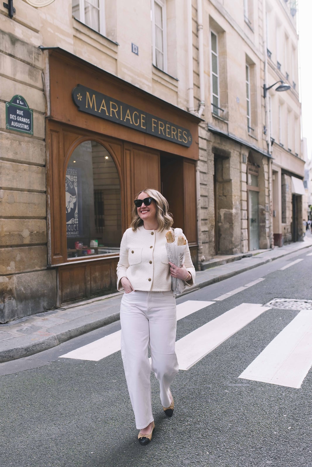 Cream tweed jacket with white wide-leg trousers — Parisian Style
