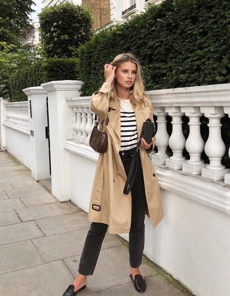 Beige trench coat with striped shirt and straight-leg jeans — Parisian Style