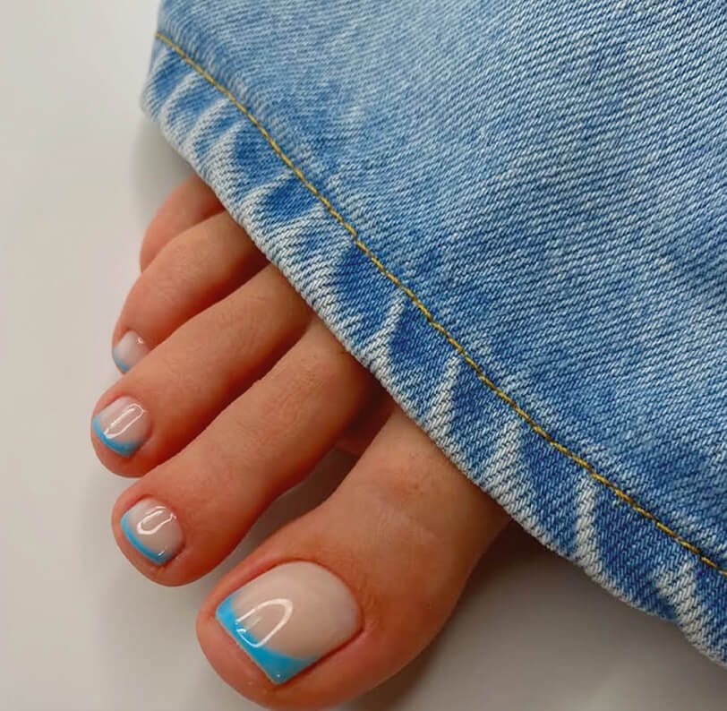Nude Base Bright Blue French Tips Toes — Pedicure Nails