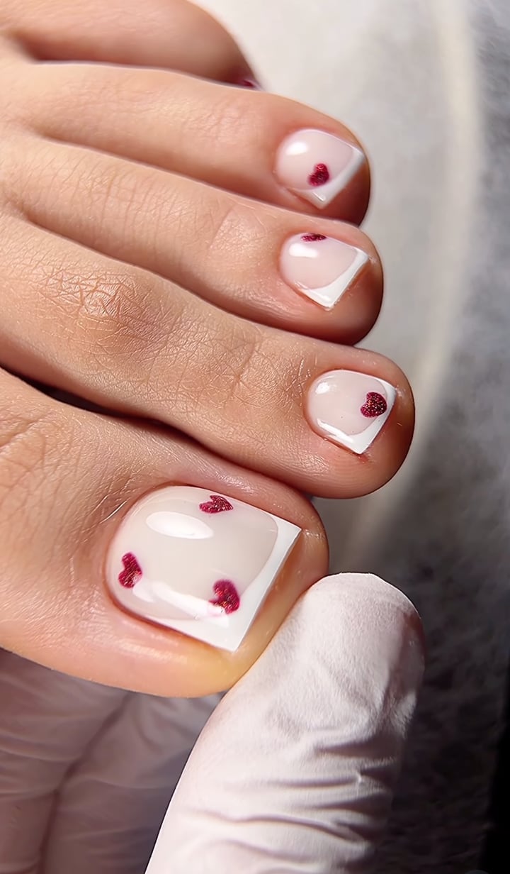 Nude French With Dark Red Heart Motifs — Pedicure Nails