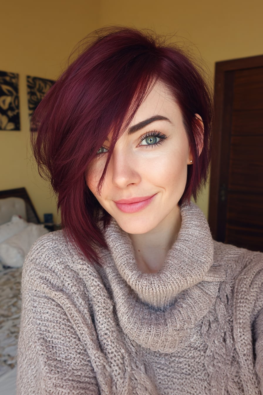Burgundy Bob With Side Swept Bangs — Pixie Bob