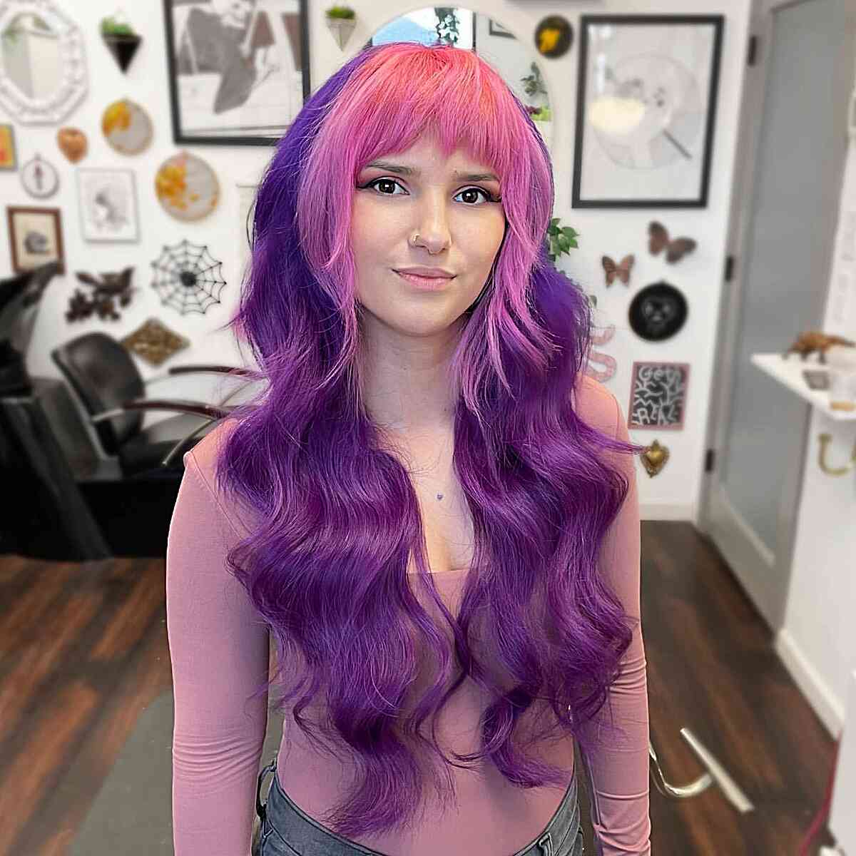 Mid-Back Pink and Purple Split Dye With Blunt Bangs — Purple Hair Dye Inspiration