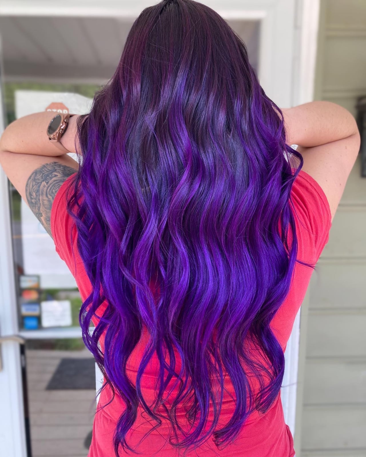 Mid-Back Electric Purple With Dark Roots — Purple Hair Dye Inspiration